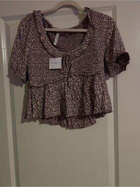 American Eagle Outfitters Mauve Floral Tie-Front Peplum Crop Top